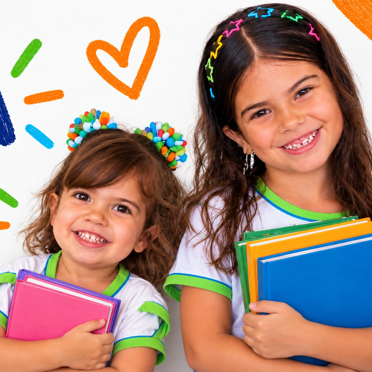 Duas alunas da Escola Unidade sorrindo, de uniforme, segurando livros